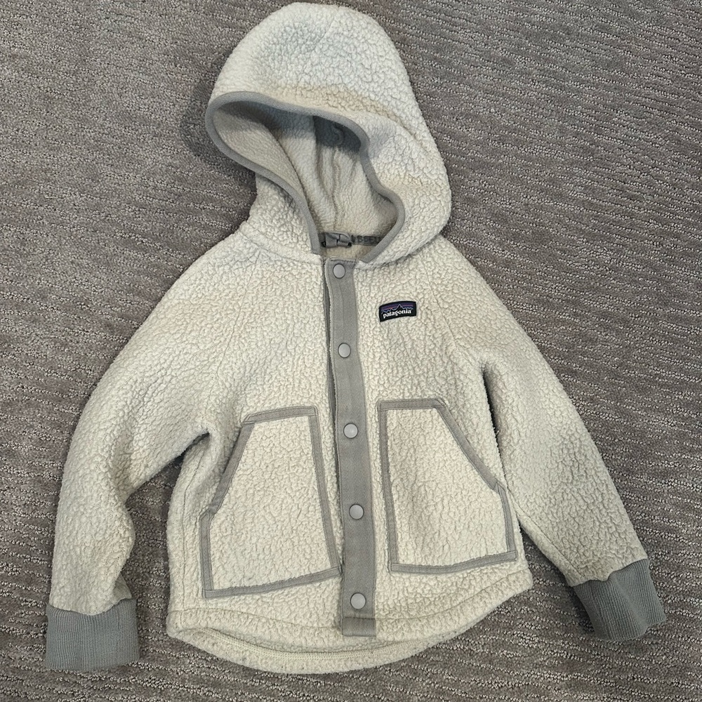 Patagonia Kids Cream Sherpa Hooded Jacket with Gray Trim